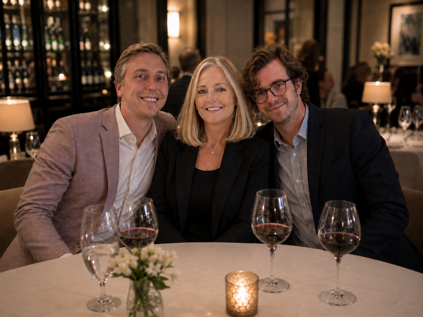 Bridget Schonland with her two sons at a warmly lit dinner table, representing a family shaped by eleven corporate relocations