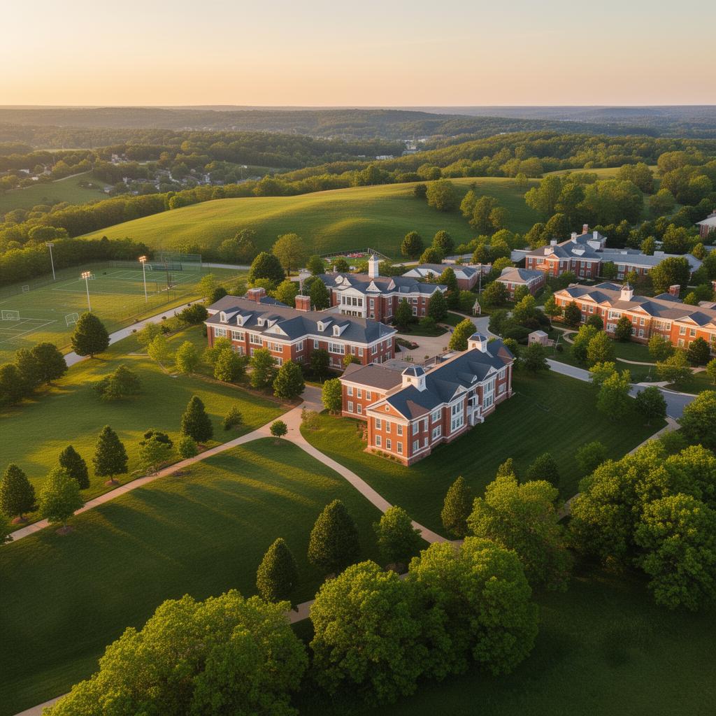 Aerial view of a prestigious private school campus in Middle Tennessee with green rolling hills at golden hour
