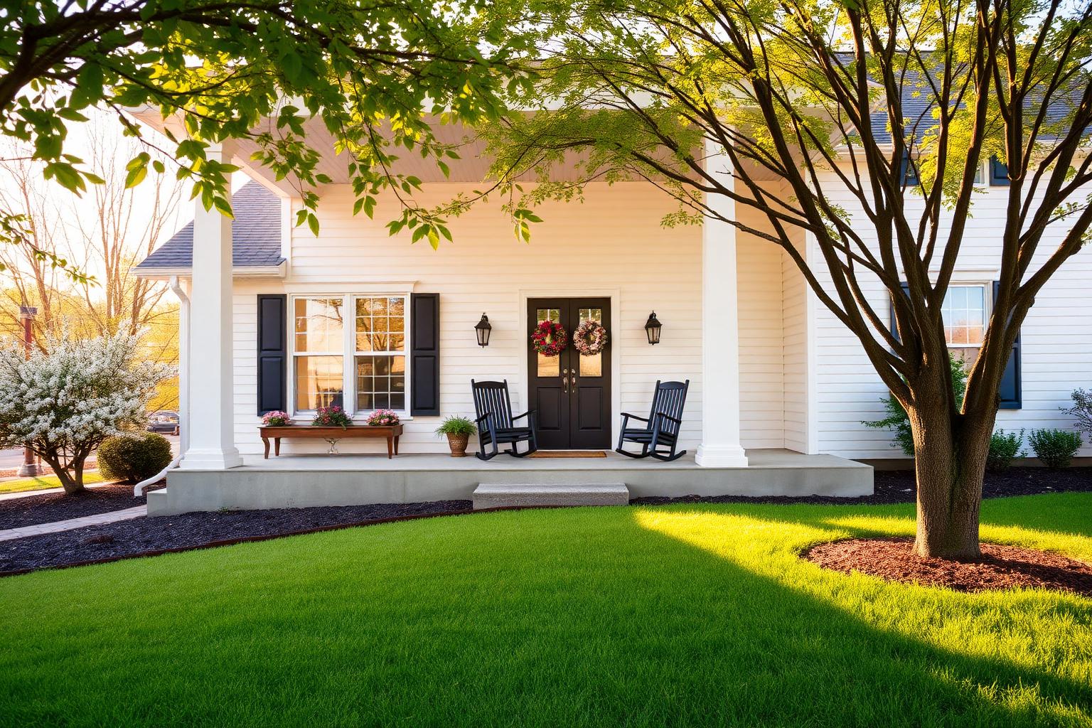 Warm golden hour view of a welcoming Middle Tennessee family home with porch and blooming trees