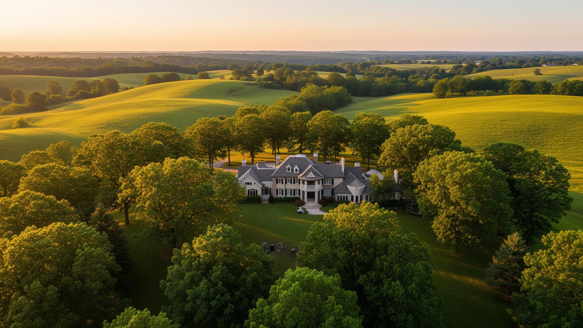 Aerial view of sprawling Tennessee estate with rolling hills, global executive relocation destination